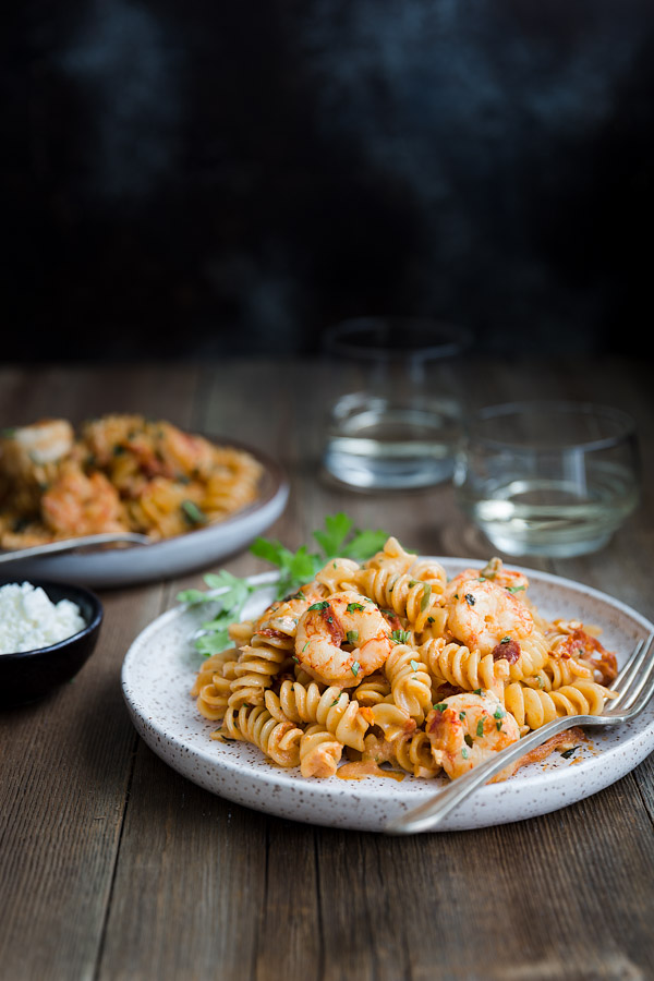 Pasta with Shrimp and Feta in Tomato Cream Sauce - Taming of the Spoon