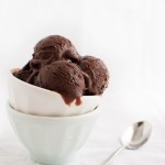 A small bowl of dark chocolate gelato next to a dessert spoon.