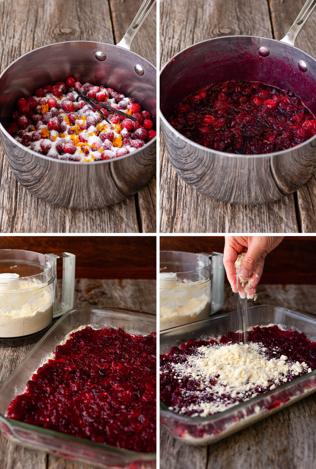 A collage of photos showing how to make cranberry-orange crumb bars.