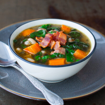 Bowl of Swiss chard soup.