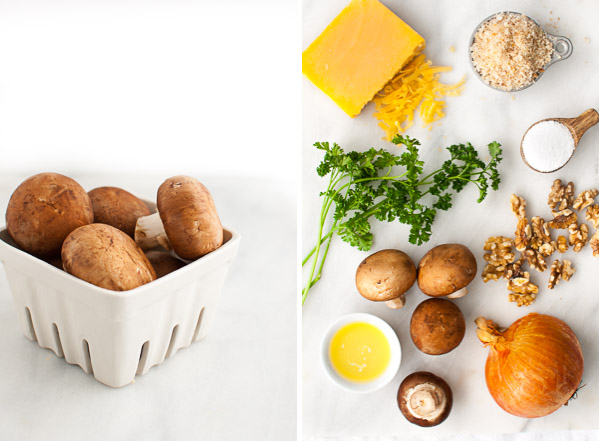 Ingredients for making stuffed mushrooms - cheddar cheese, mushrooms, bread crumbs, onions, parsley, and walnuts.