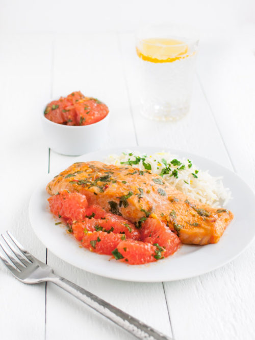 Fillet of roasted salmon served with some grapefruit salsa.