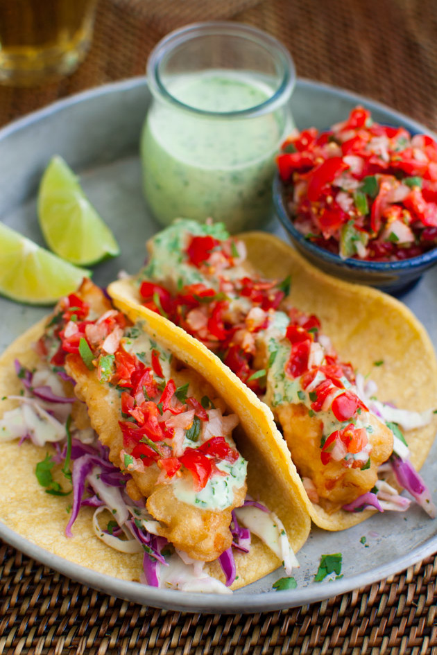 Beer Battered Fish Tacos with Cilantro-Lime Sauce - Taming of the Spoon