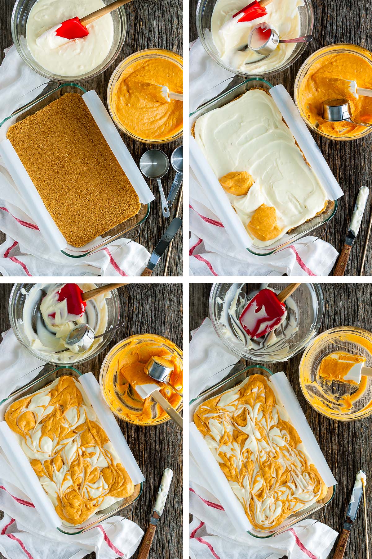 Steps in making marbled pumpkin cheesecake bars.