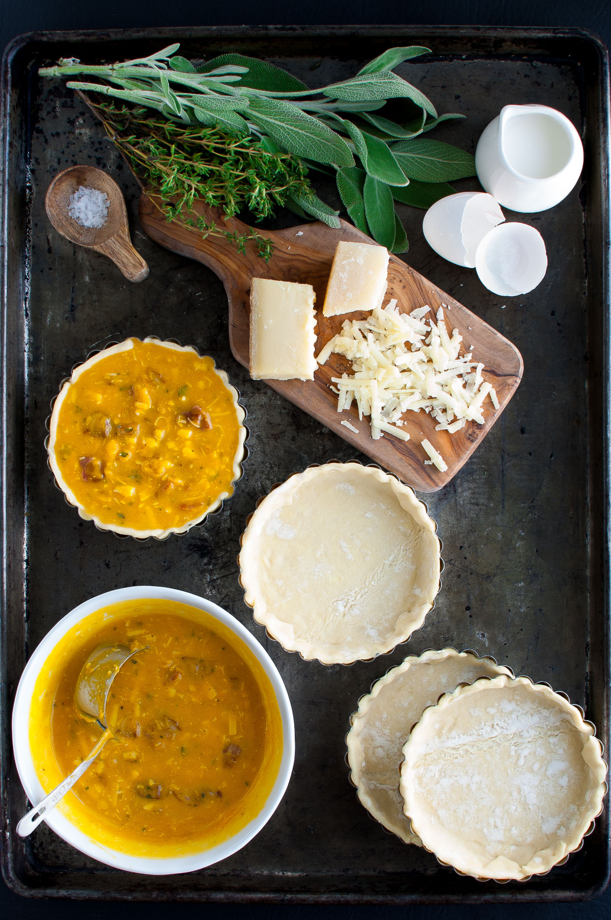 Ingredients for making butternut squash tart on a metal tray.