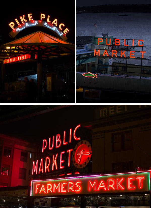 Neon lights at Pike Place Market in Seattle.