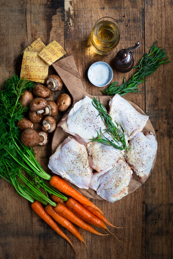 Creamy Chicken in White Wine Sauce - Braised chicken in a creamy tarragon white wine sauce with mushrooms and carrots - a complete dinner in one-pot!