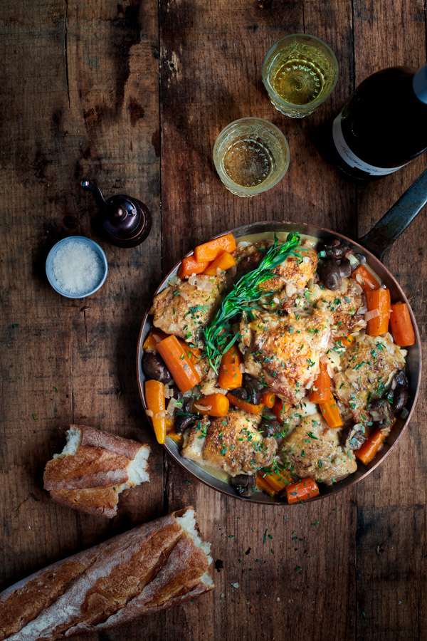 Creamy Chicken in White Wine Sauce - Braised chicken in a creamy tarragon white wine sauce with mushrooms and carrots - a complete dinner in one-pot!
