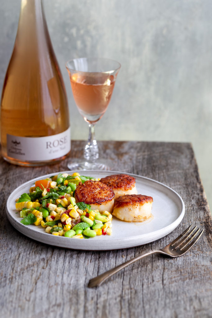 Seared Scallops with Corn Salad and Miso Dressing - Enjoy the best of summer produce with this corn salad topped with seared and butter basted scallops.