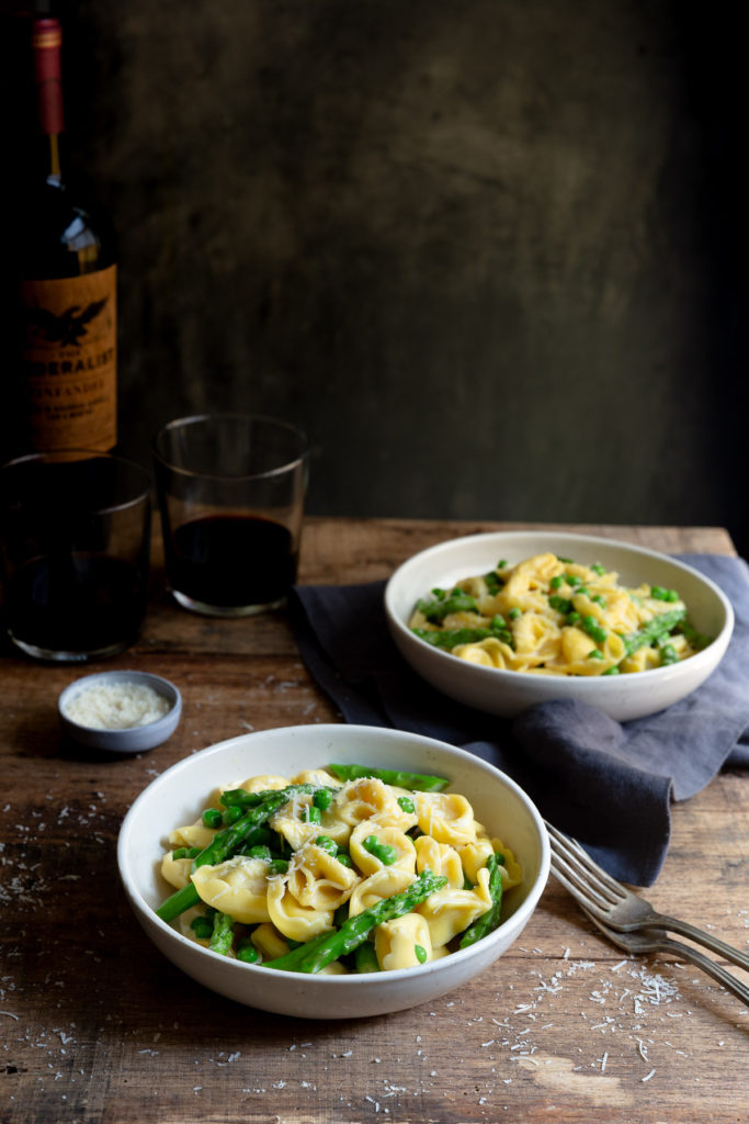 Easy Tortellini Carbonara with Peas and Asparagus - the easiest pasta carbonara ever. You only need 6 ingredients, 1 pan, and 20 minutes.