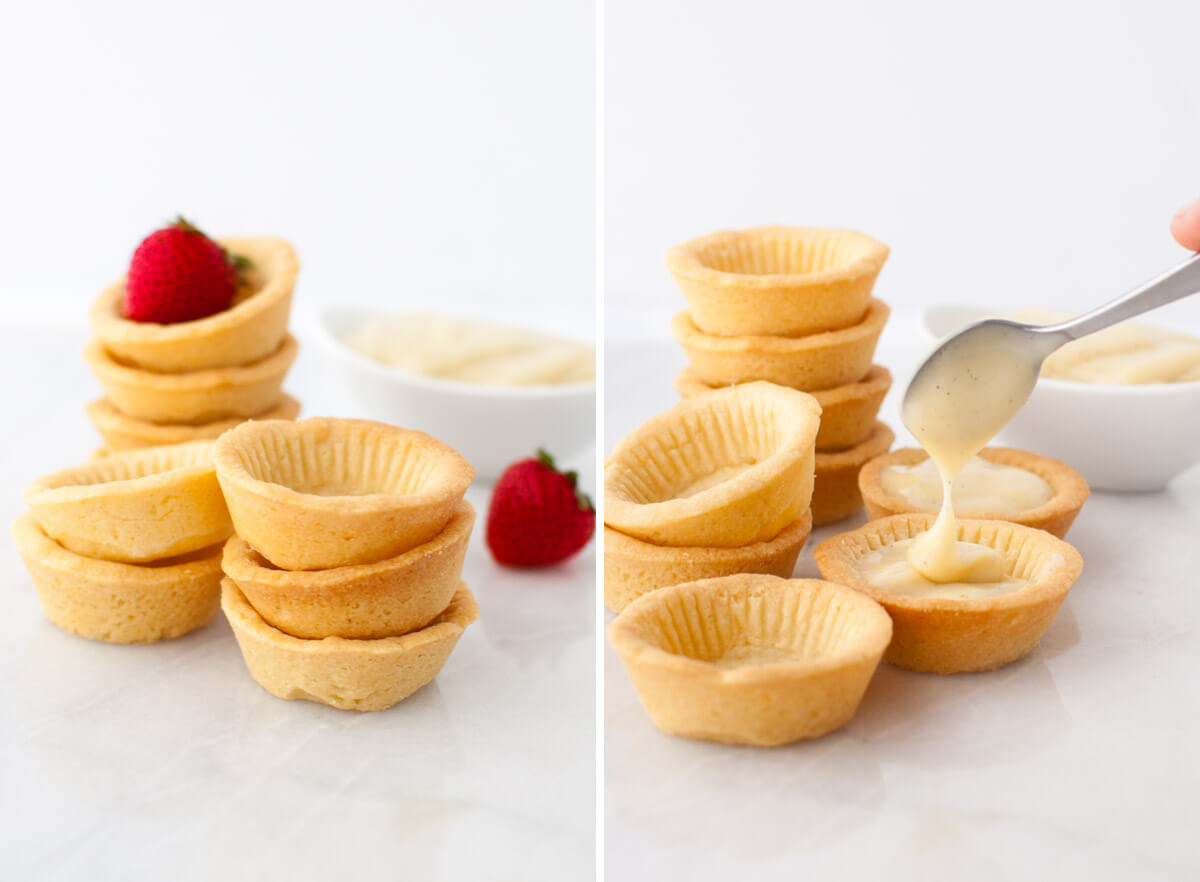 A collage showing a stack of tartlet shells and a tartlet shell being filled with vanilla pastry cream.