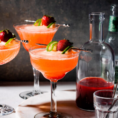 Close-up of a strawberry mocktail in a coupe glass.