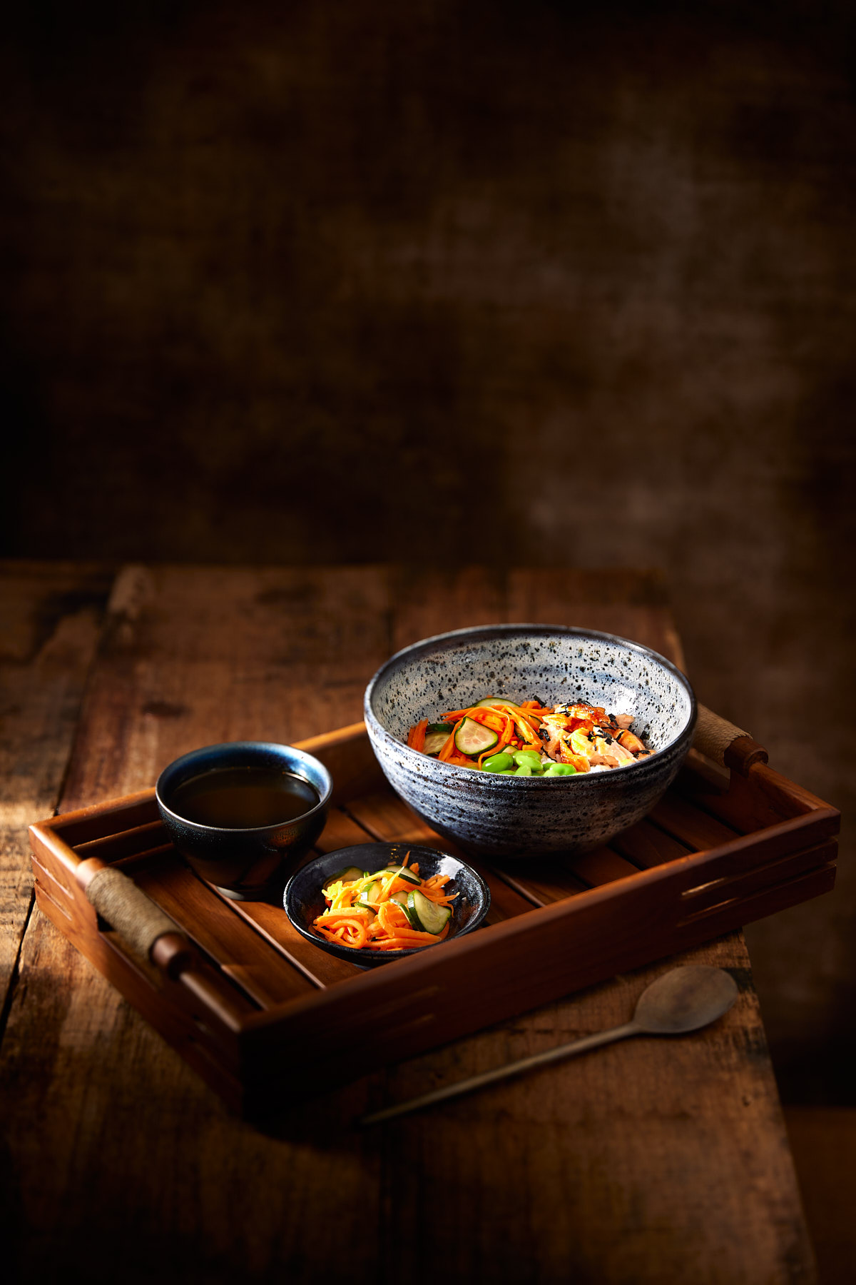 Tray with bowl of salmon ochazuke.