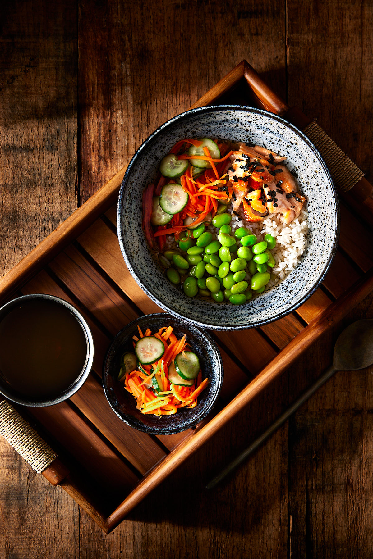 Overhead view of tray with salmon ochazuke.