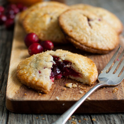 Close-up of filling in a cranberry-orange hand pie.
