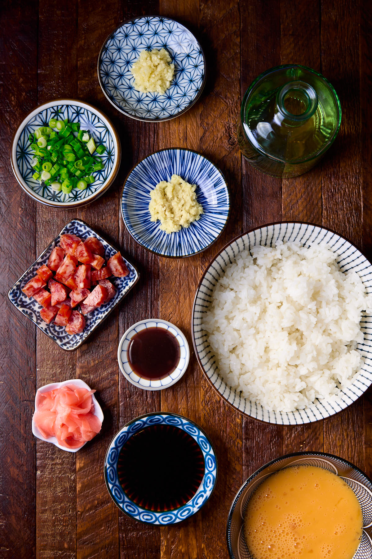 Ingredients for making fried rice with Chinese sausage.