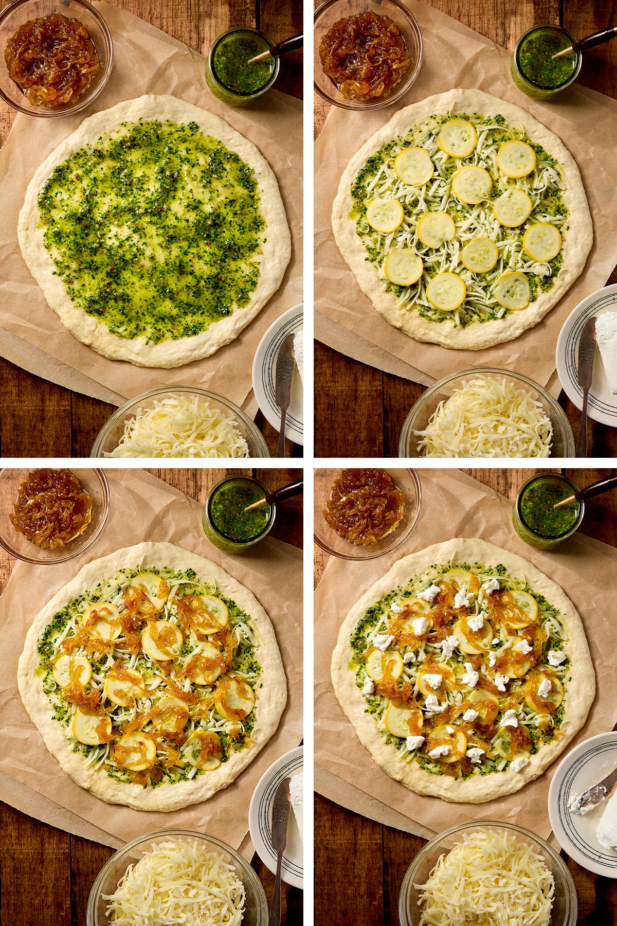 Collage of images showing layering of toppings for squash blossom pizza before baking.