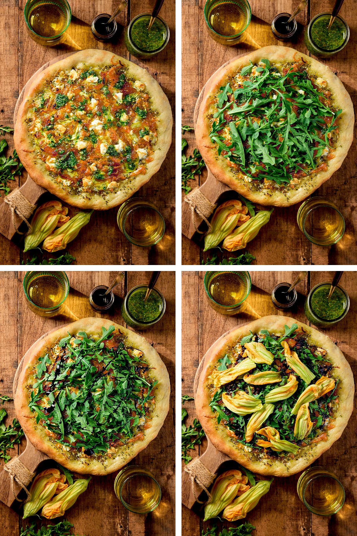 Collage of images showing layering of toppings for squash blossom pizza after baking.