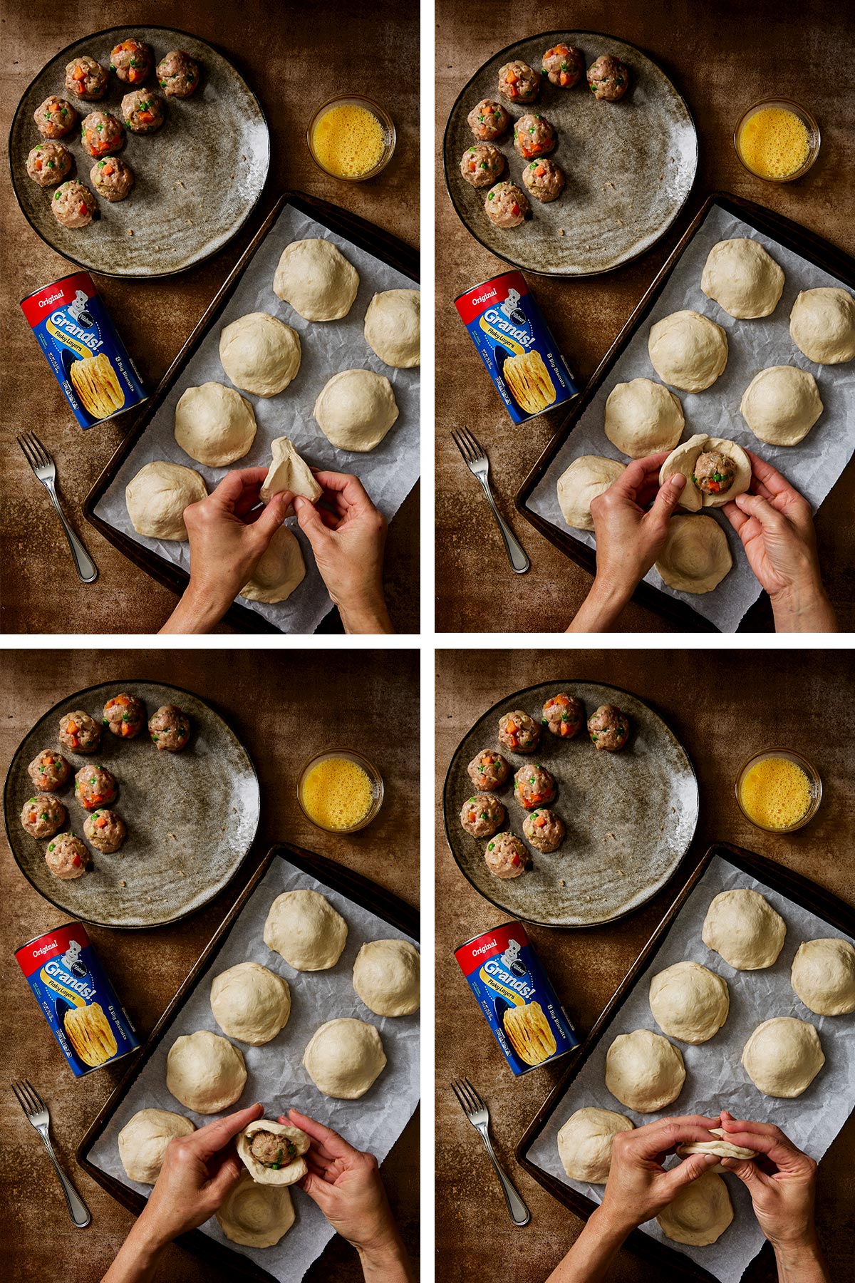 A collage of photos showing steps for making Vietnamese meat pies.