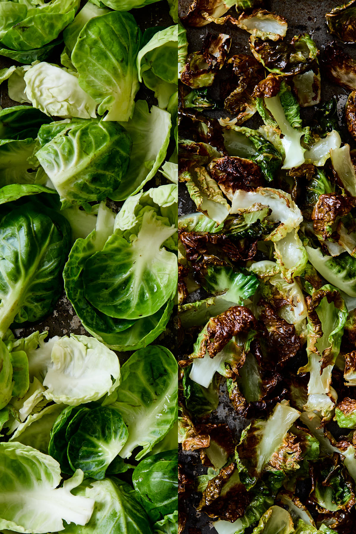 Split image of fresh Brussels sprouts leaves on one side and fried leaves on the other side.